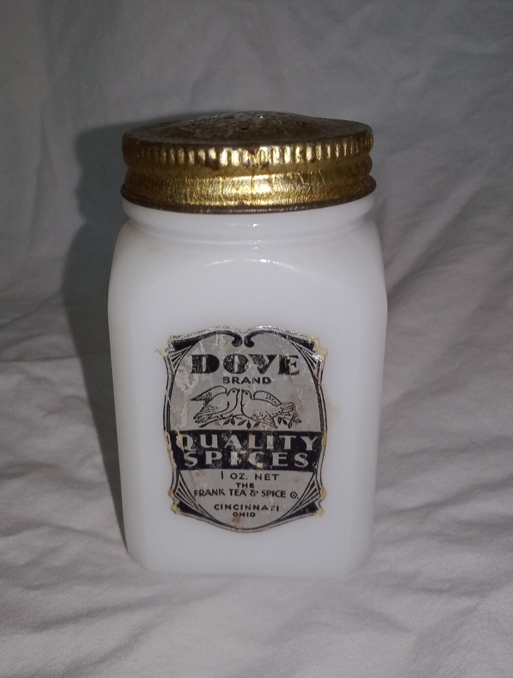Vintage Milk Glass Dove Brand Spice Jar Frank Tea Spice Co.  Cincinnati Ohio